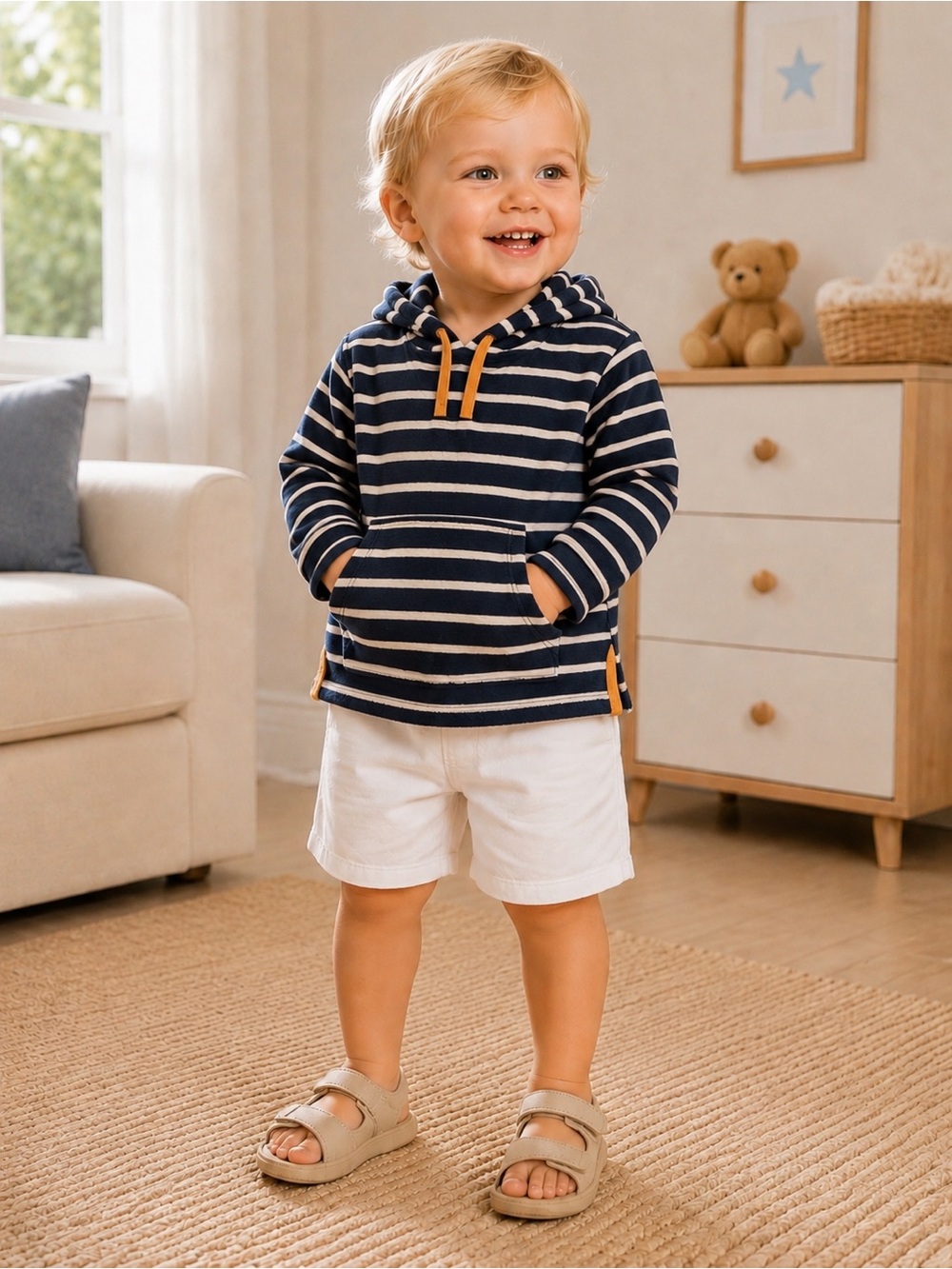 Caribbean Joe Kids Navy White Striped Terry Hooded Beach Cover-Up 2T